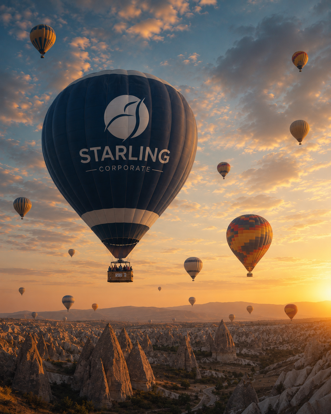 Hot air balloons rising at golden hour